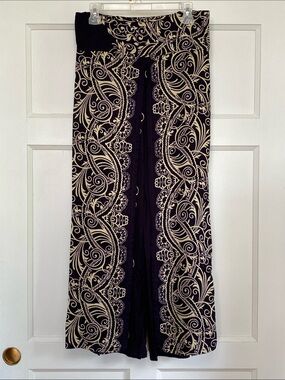Wide-Leg Paisley Print Fold-Over Palazzo Pants | Purple and Cream